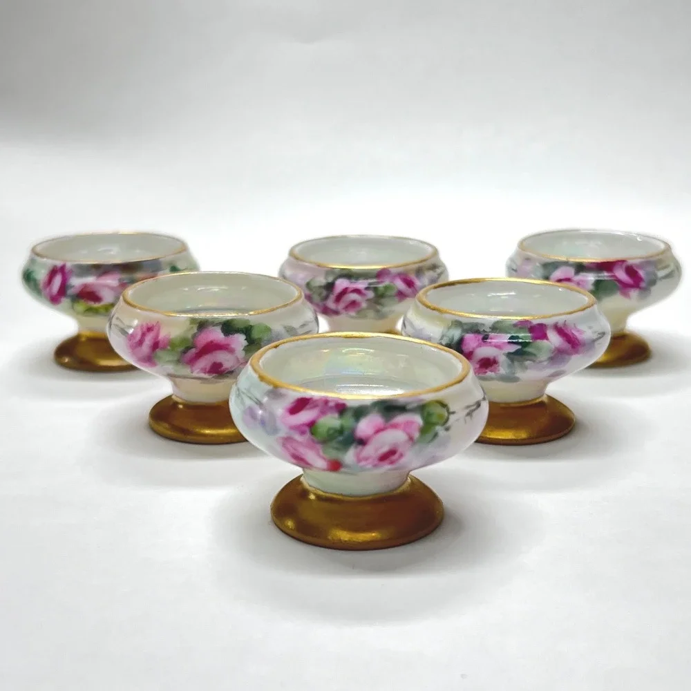 Vintage Hand Painted Porcelain Salt Cellars Set of 6 Pink Rose Gold Footed Bowls